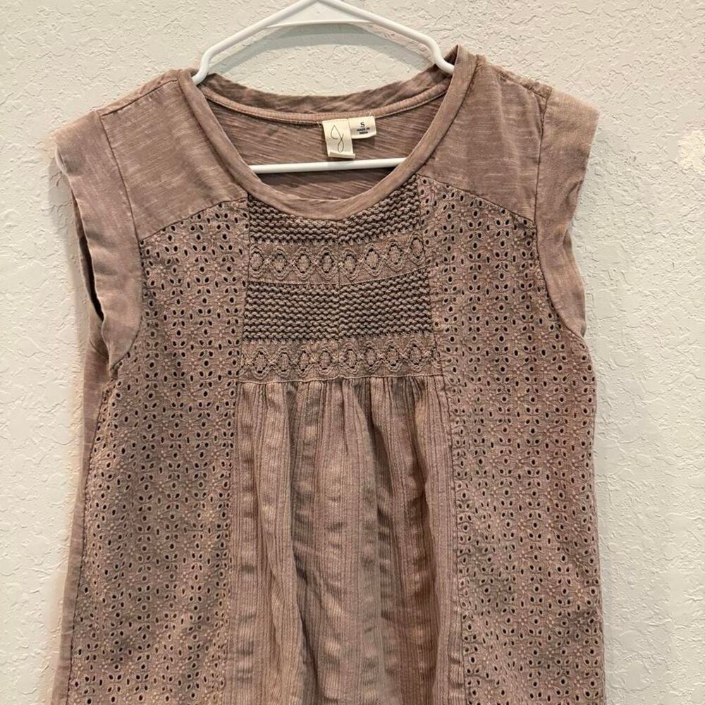 Joie Taupe Embroidered Eyelet Boho Blouse Size Small